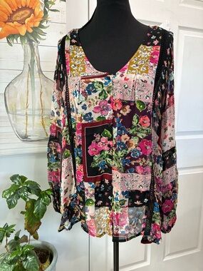 Johnny Was Multicolor Floral Patchwork V-Neck Blouse